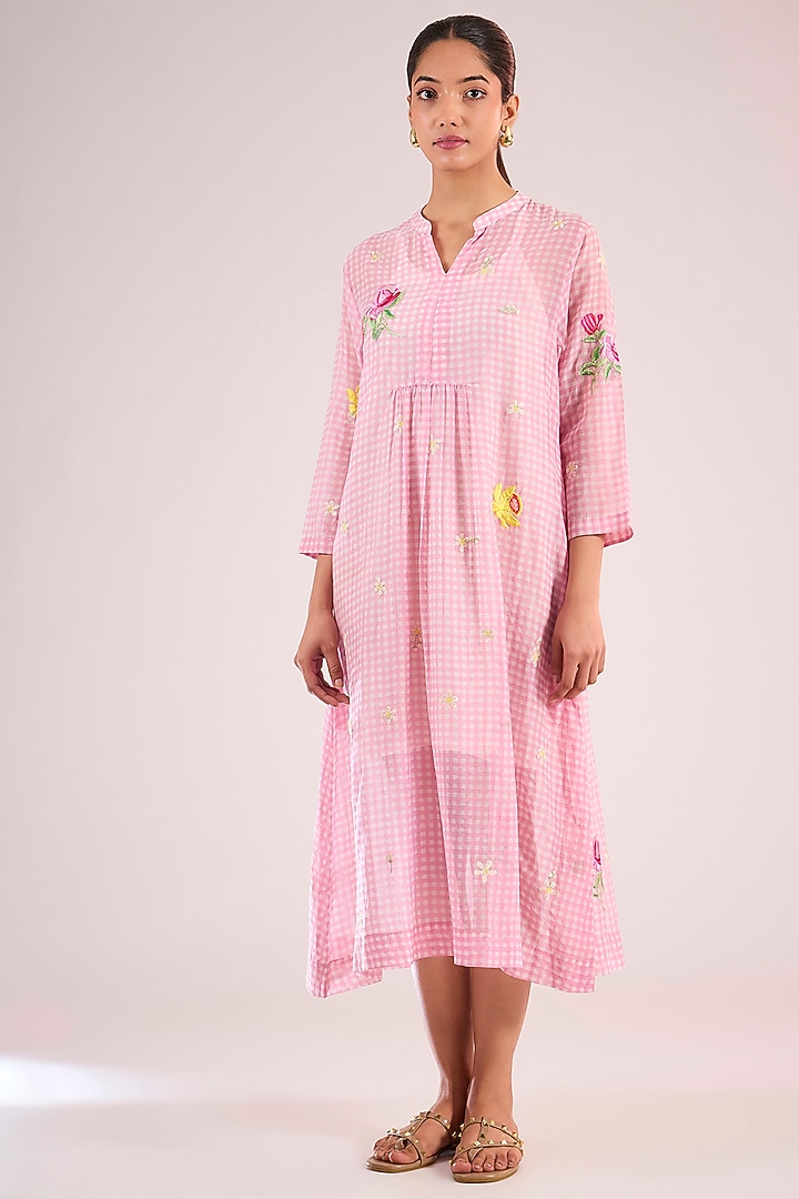 Pink Chanderi Floral Midi Vacation Dress by Vineet Rahul at Pernia's Pop Up Shop