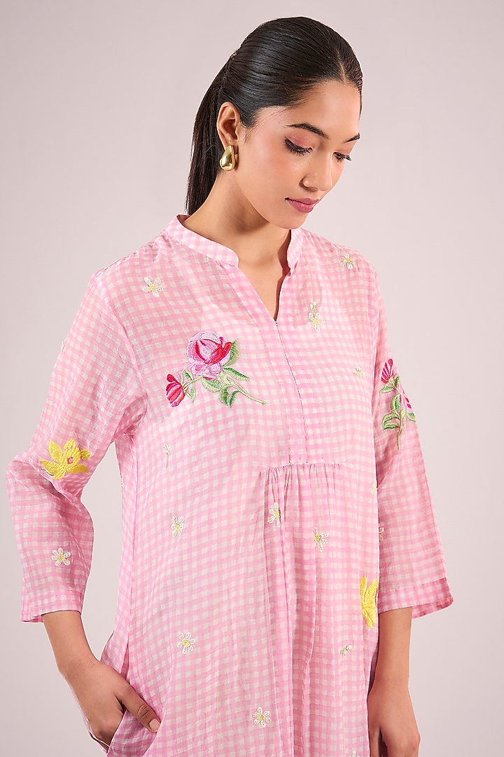 Pink Chanderi Floral Midi Vacation Dress by Vineet Rahul at Pernia's Pop Up Shop