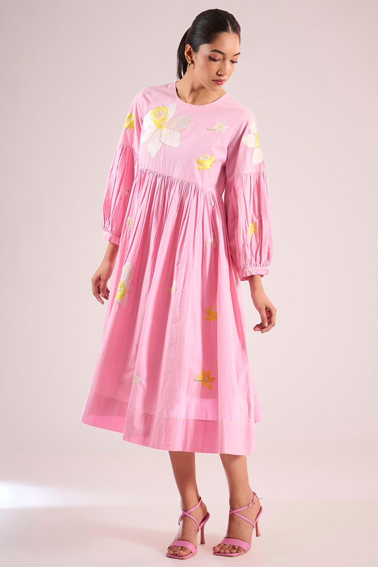 Pink Cotton Floral Midi Vacation Dress by Vineet Rahul at Pernia's
