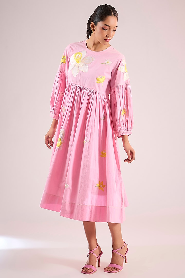 Pink Cotton Floral Midi Vacation Dress by Vineet Rahul at Pernia's Pop Up Shop