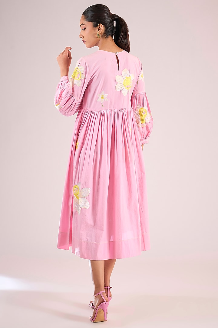 Pink Cotton Floral Midi Vacation Dress by Vineet Rahul at Pernia's Pop Up Shop