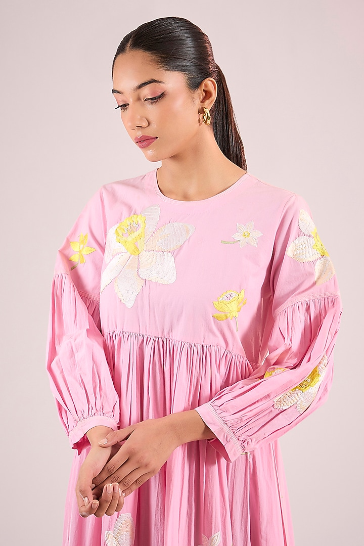 Pink Cotton Floral Midi Vacation Dress by Vineet Rahul at Pernia's Pop Up Shop