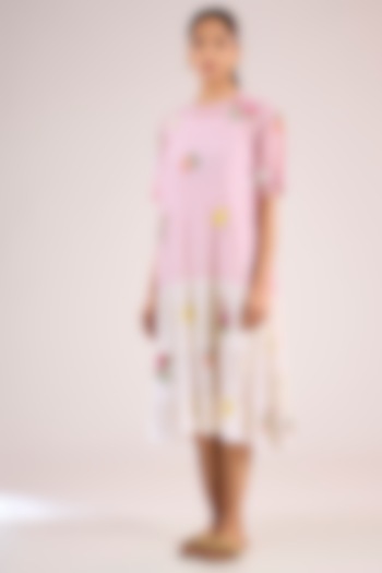 Pink Chanderi Floral Midi Vacation Dress by Vineet Rahul at Pernia's Pop Up Shop