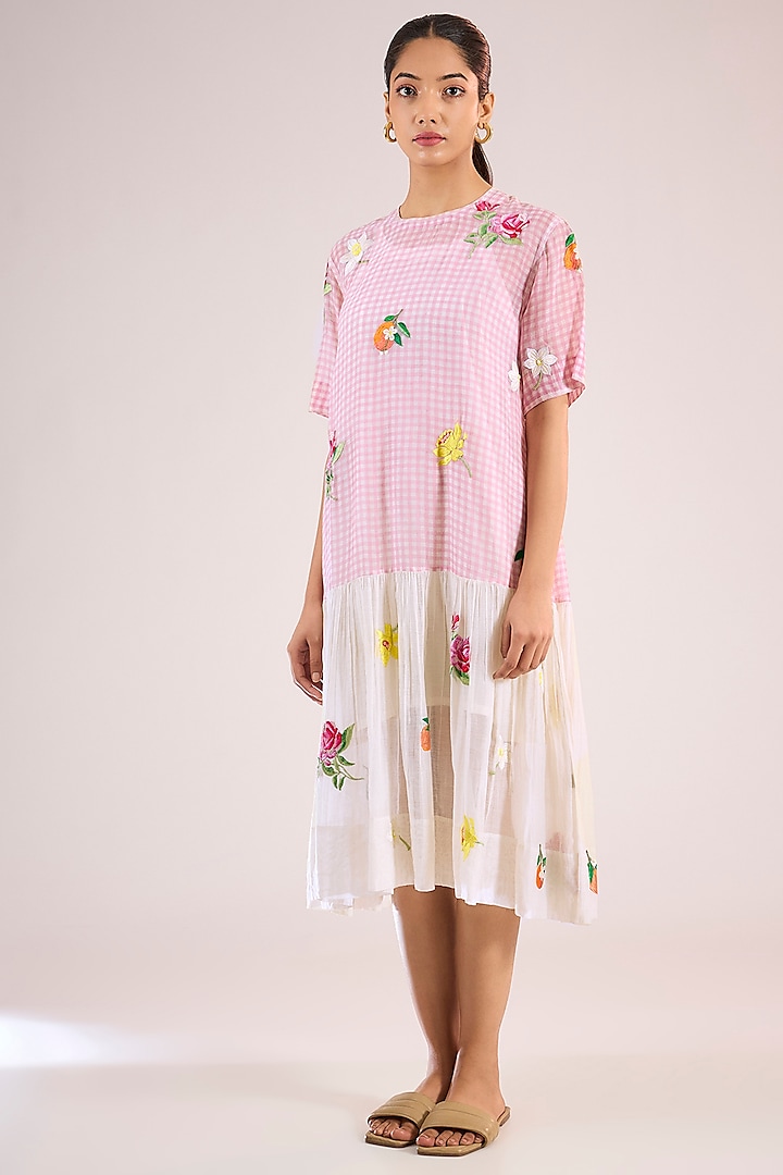 Pink Chanderi Floral Midi Vacation Dress by Vineet Rahul at Pernia's Pop Up Shop