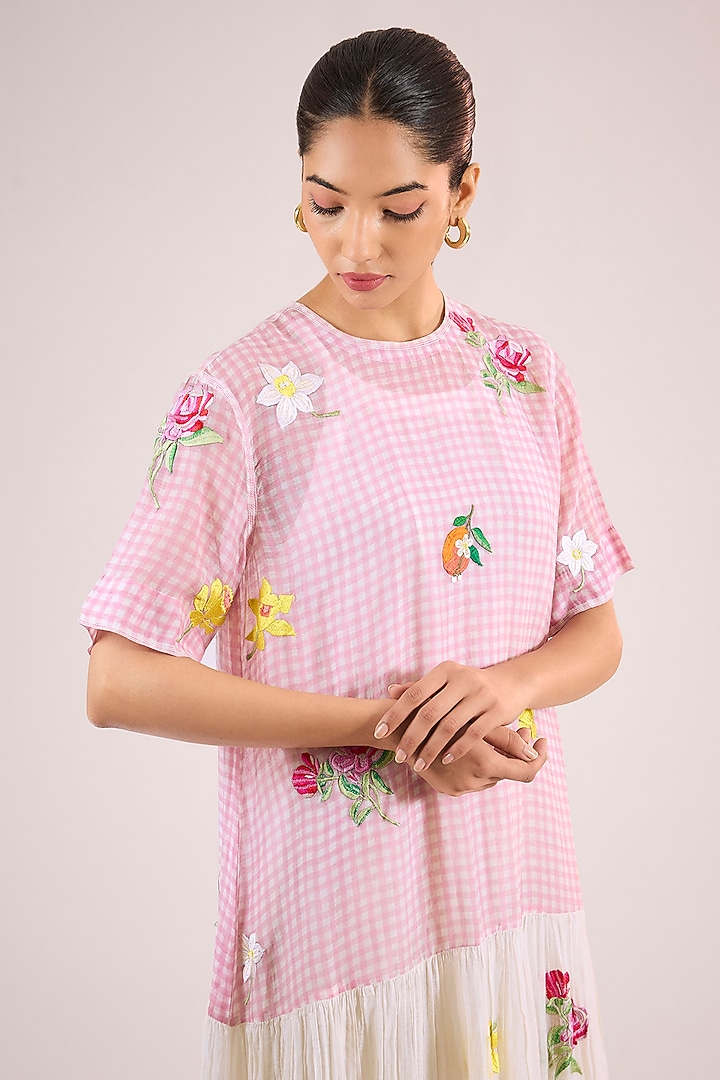 Pink Chanderi Floral Midi Vacation Dress by Vineet Rahul at Pernia's Pop Up Shop