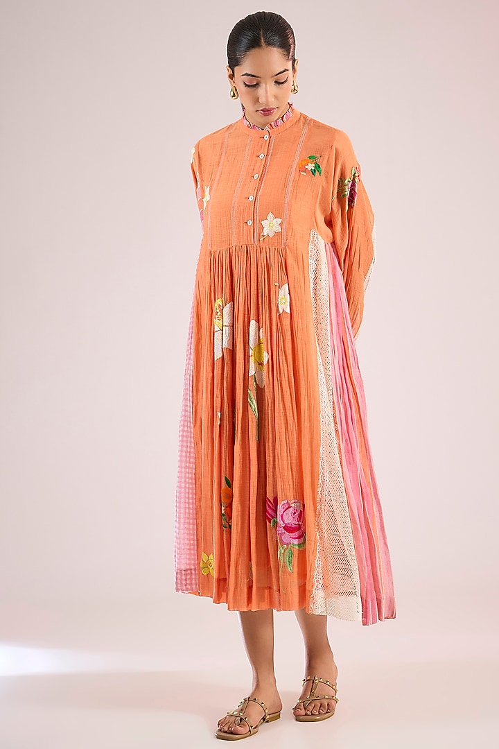 Orange Chanderi Floral Midi Vacation Dress by Vineet Rahul at Pernia's Pop Up Shop