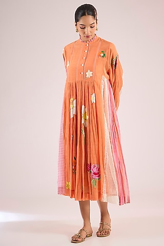 Orange Chanderi Floral Midi Dress by Vineet Rahul