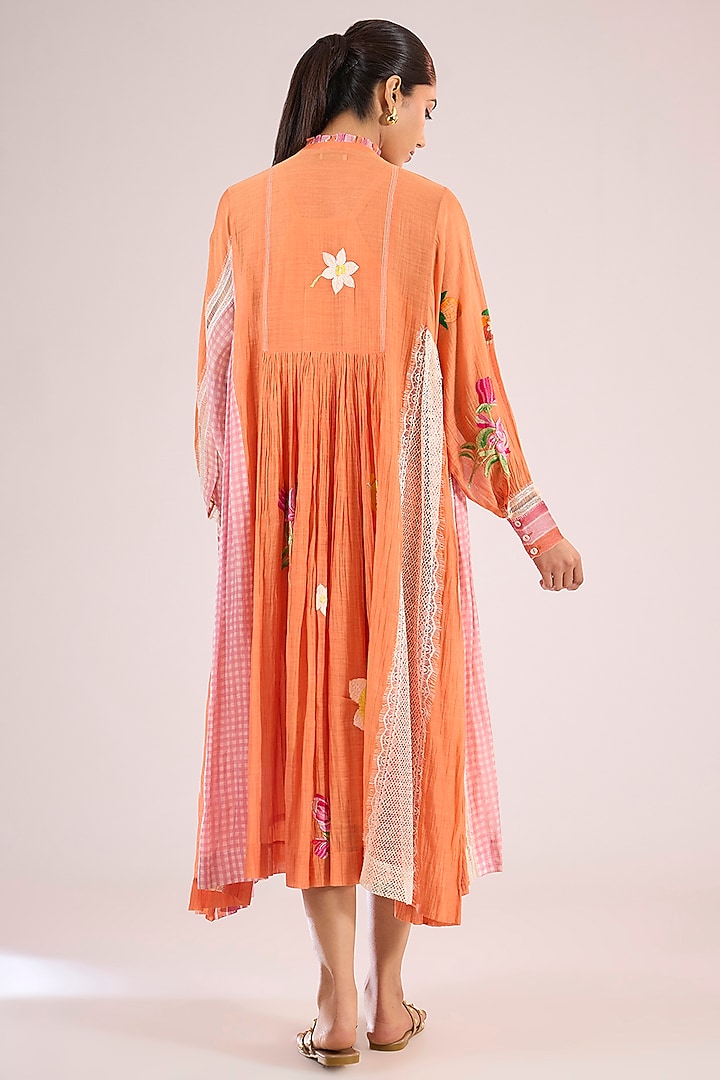 Orange Chanderi Floral Midi Vacation Dress by Vineet Rahul at Pernia's Pop Up Shop