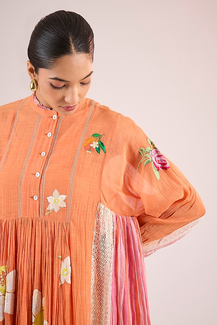 Orange Chanderi Floral Midi Vacation Dress by Vineet Rahul at Pernia's Pop Up Shop