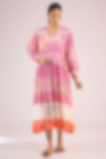 Pink Chanderi Floral Midi Vacation Dress by Vineet Rahul at Pernia's Pop Up Shop