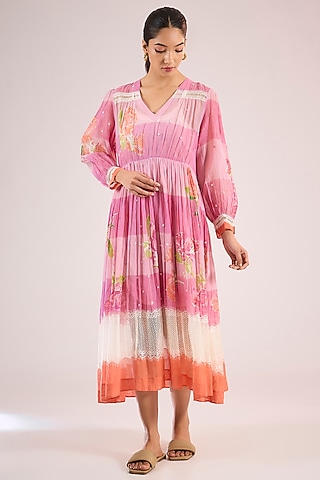 Pink Chanderi Floral Midi Dress by Vineet Rahul