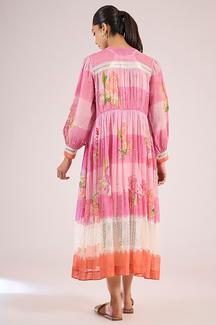 Pink Chanderi Floral Midi Vacation Dress by Vineet Rahul at Pernia's Pop Up Shop