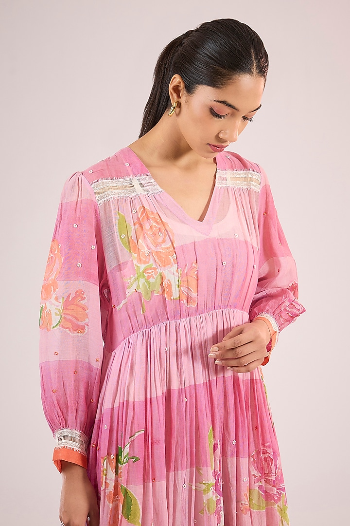 Pink Chanderi Floral Midi Vacation Dress by Vineet Rahul at Pernia's Pop Up Shop