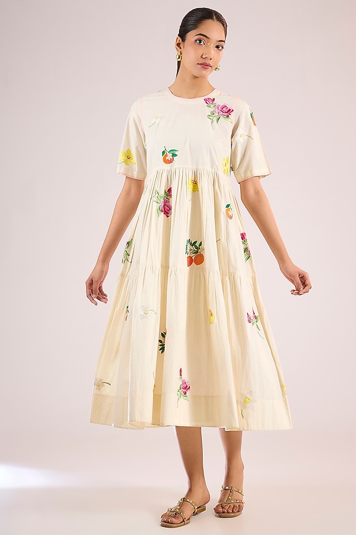 Ivory Cotton Floral Midi Vacation Dress by Vineet Rahul at Pernia's Pop Up Shop