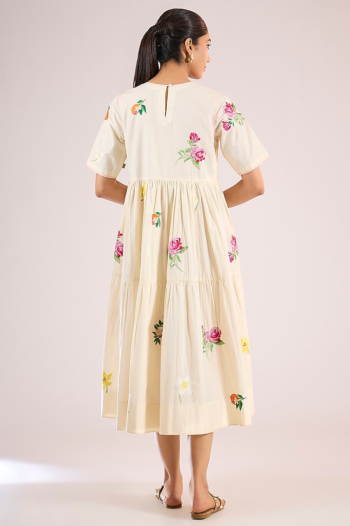 Ivory Cotton Floral Midi Vacation Dress by Vineet Rahul at Pernia's Pop Up Shop