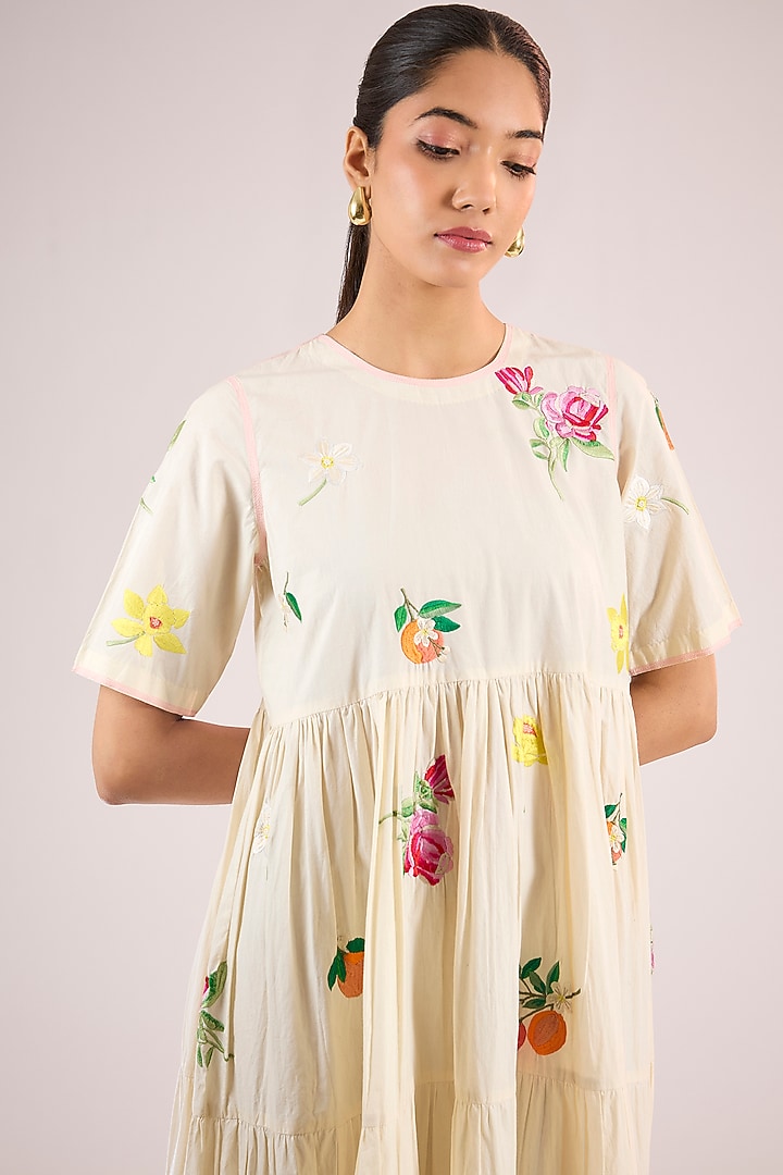 Ivory Cotton Floral Midi Vacation Dress by Vineet Rahul at Pernia's Pop Up Shop