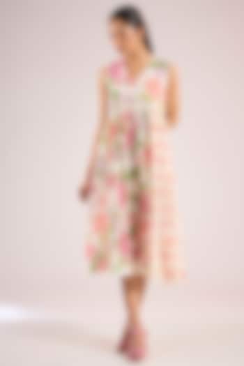 Ivory Chanderi Floral Midi Vacation Dress by Vineet Rahul at Pernia's Pop Up Shop