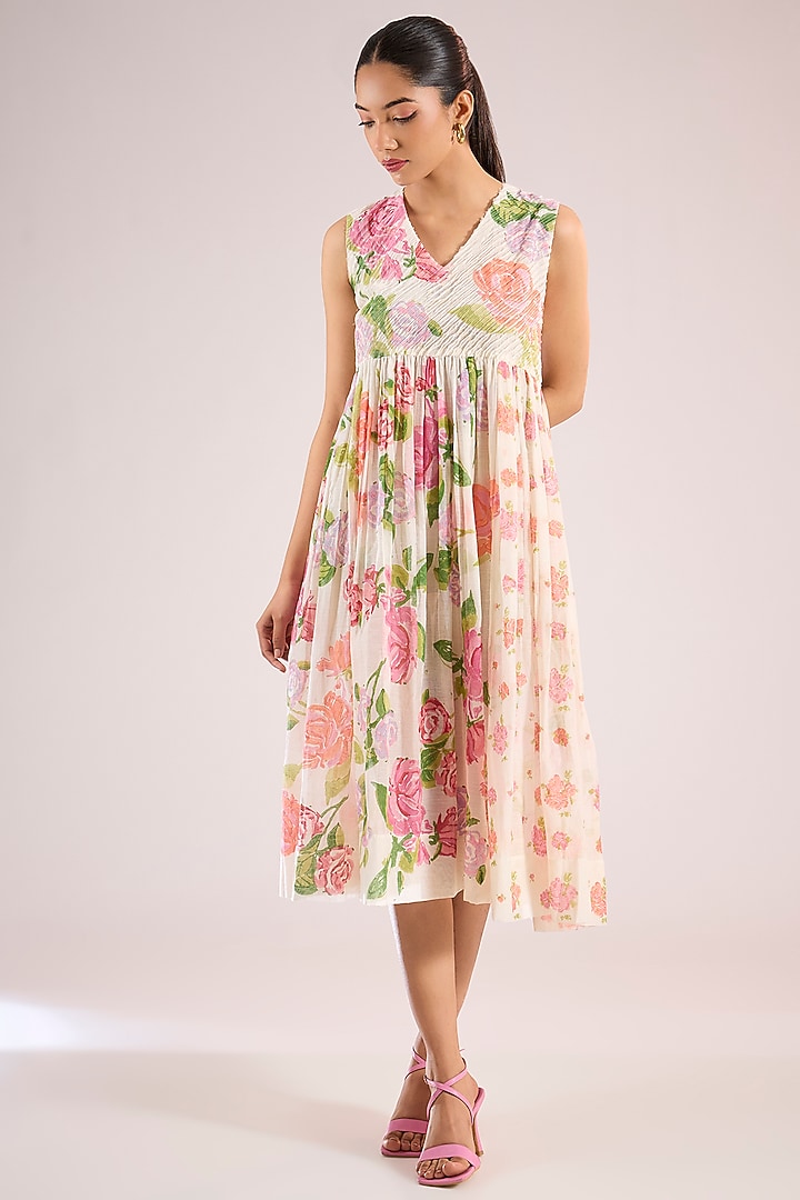 Ivory Chanderi Floral Midi Vacation Dress by Vineet Rahul at Pernia's Pop Up Shop