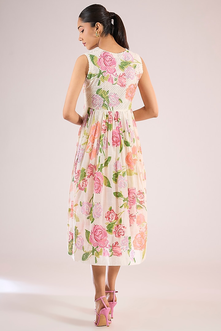 Ivory Chanderi Floral Midi Vacation Dress by Vineet Rahul at Pernia's Pop Up Shop