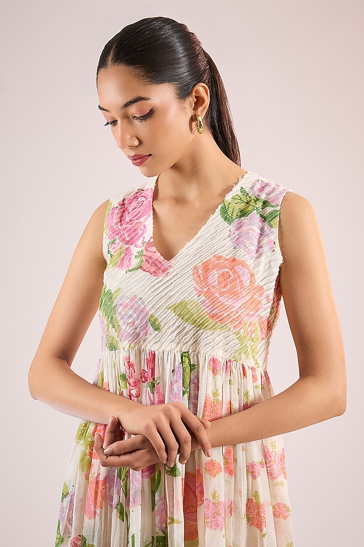 Ivory Chanderi Floral Midi Vacation Dress by Vineet Rahul at Pernia's Pop Up Shop