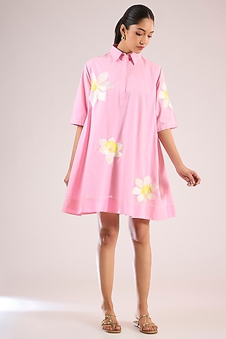 Pink Cotton Floral Mini Dress by Vineet Rahul