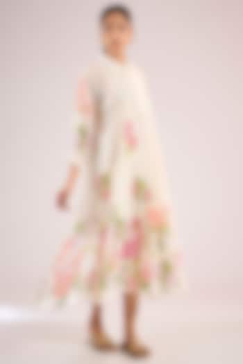 Pink Chanderi Floral Midi Vacation Dress by Vineet Rahul at Pernia's Pop Up Shop