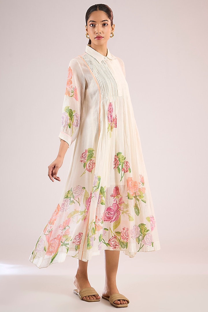 Pink Chanderi Floral Midi Vacation Dress by Vineet Rahul at Pernia's Pop Up Shop