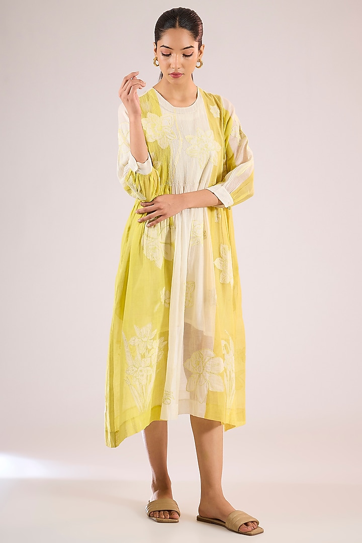 Ivory Chanderi Floral Midi Vacation Dress by Vineet Rahul at Pernia's Pop Up Shop