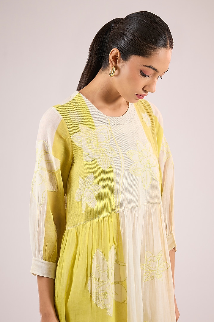 Ivory Chanderi Floral Midi Vacation Dress by Vineet Rahul at Pernia's Pop Up Shop