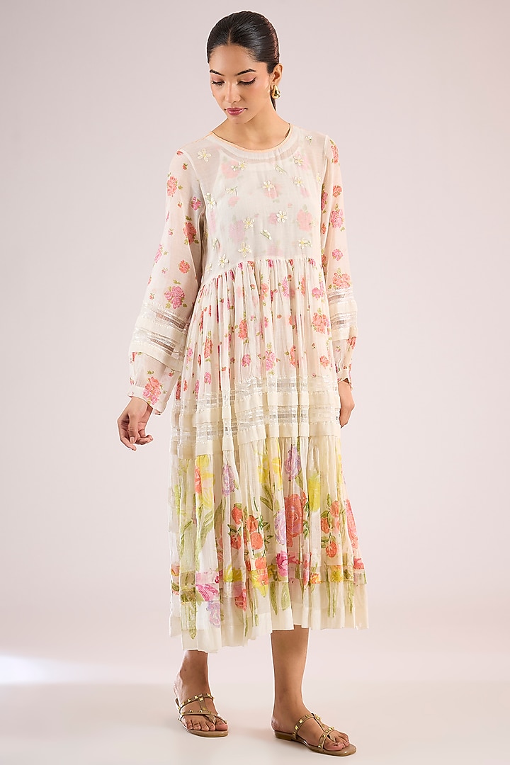 Ivory Chanderi Floral Midi Vacation Dress by Vineet Rahul at Pernia's Pop Up Shop