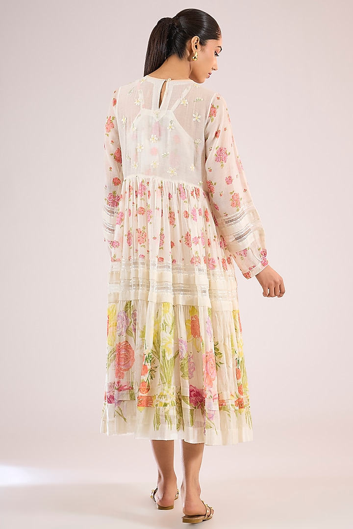 Ivory Chanderi Floral Midi Vacation Dress by Vineet Rahul at Pernia's Pop Up Shop