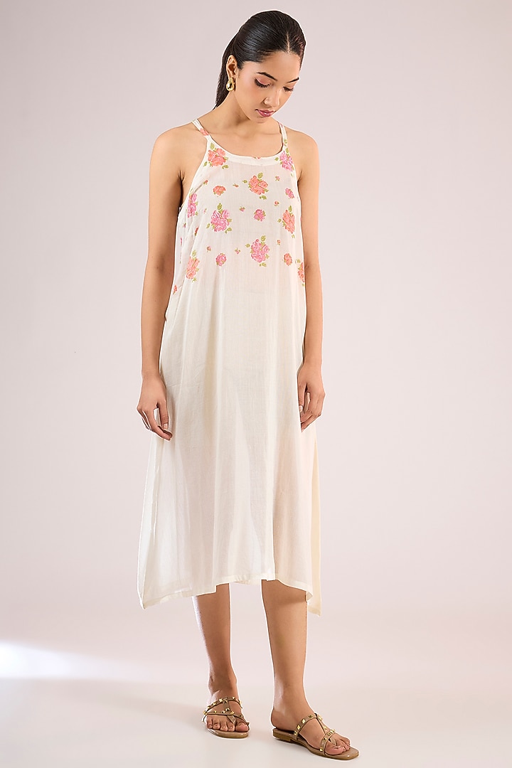 Ivory Chanderi Floral Midi Vacation Dress by Vineet Rahul at Pernia's Pop Up Shop