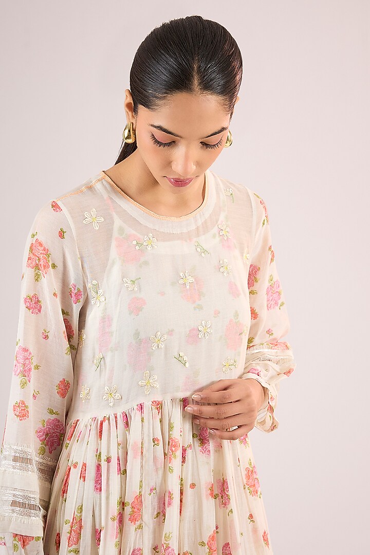 Ivory Chanderi Floral Midi Vacation Dress by Vineet Rahul at Pernia's Pop Up Shop