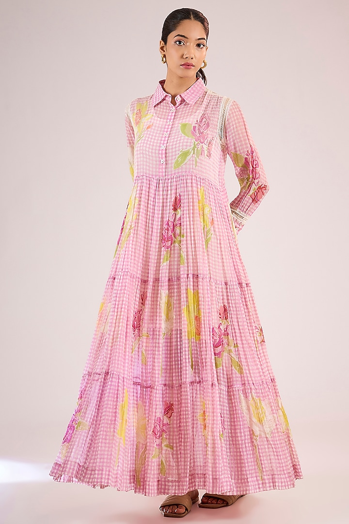 Pink Chanderi Floral Maxi Vacation Dress by Vineet Rahul at Pernia's Pop Up Shop