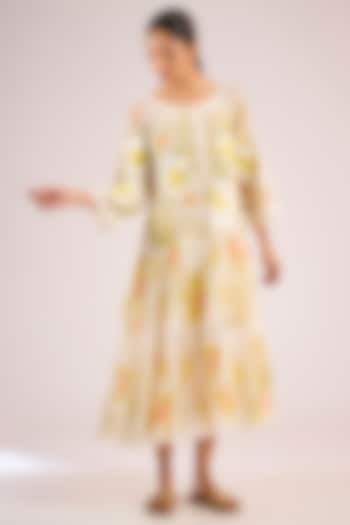 Ivory Chanderi Floral Midi Vacation Dress by Vineet Rahul at Pernia's Pop Up Shop