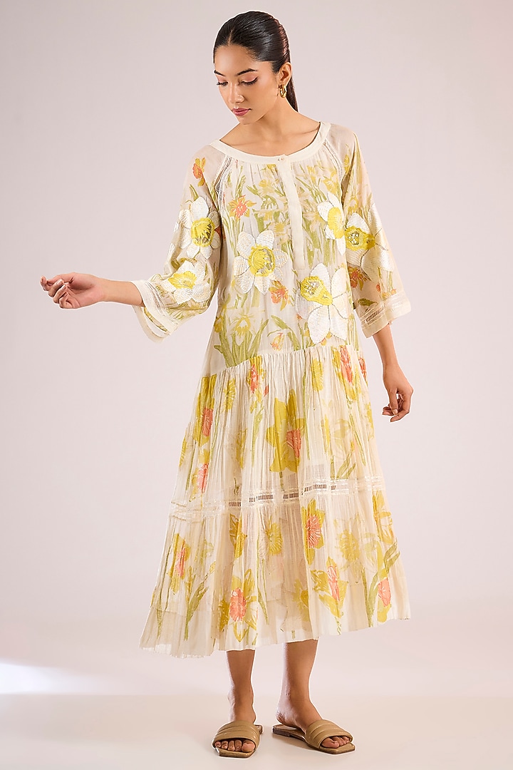 Ivory Chanderi Floral Midi Vacation Dress by Vineet Rahul at Pernia's Pop Up Shop