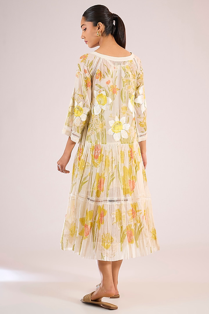 Ivory Chanderi Floral Midi Vacation Dress by Vineet Rahul at Pernia's Pop Up Shop