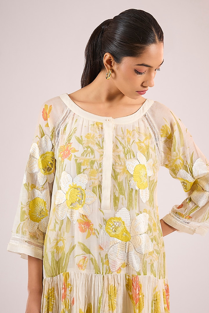 Ivory Chanderi Floral Midi Vacation Dress by Vineet Rahul at Pernia's Pop Up Shop