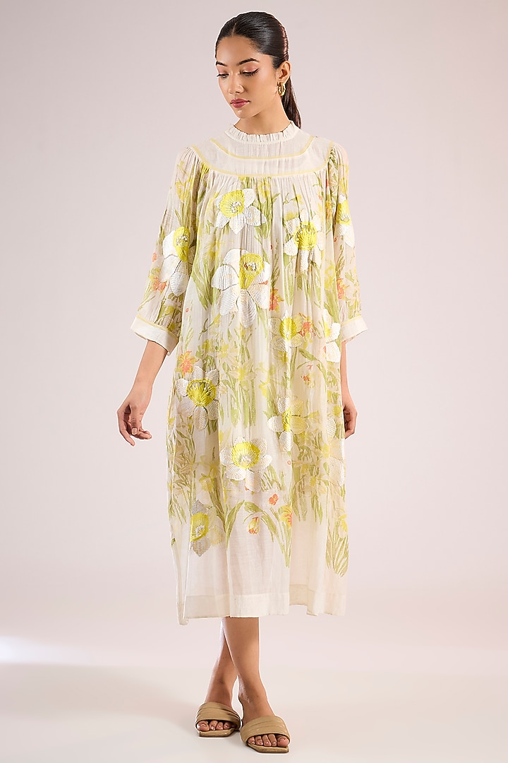 Ivory Chanderi Floral Midi Vacation Dress by Vineet Rahul at Pernia's Pop Up Shop