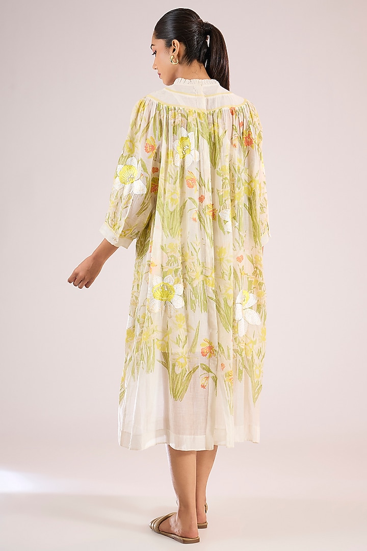 Ivory Chanderi Floral Midi Vacation Dress by Vineet Rahul at Pernia's Pop Up Shop