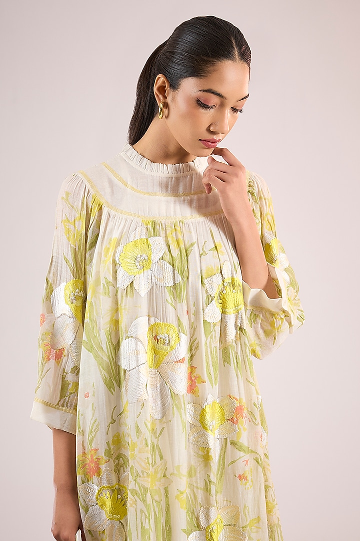 Ivory Chanderi Floral Midi Vacation Dress by Vineet Rahul at Pernia's Pop Up Shop