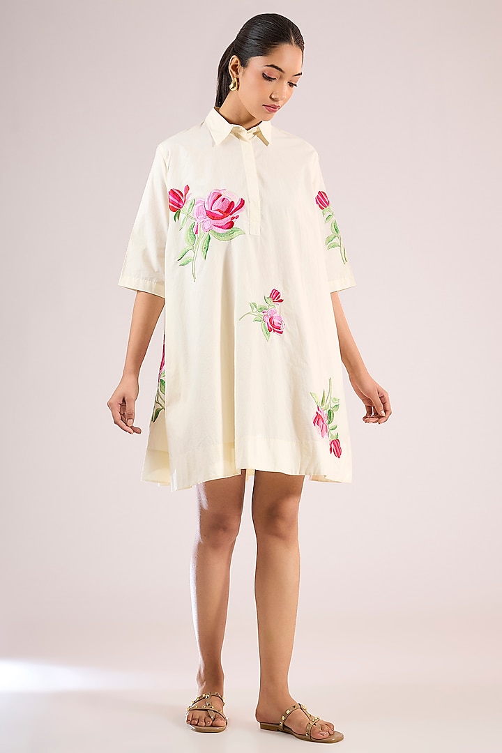 Ivory Cotton Floral Mini Vacation Dress by Vineet Rahul at Pernia's Pop Up Shop