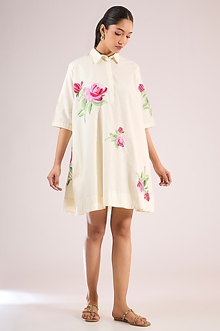 Ivory Cotton Floral Mini Dress by Vineet Rahul