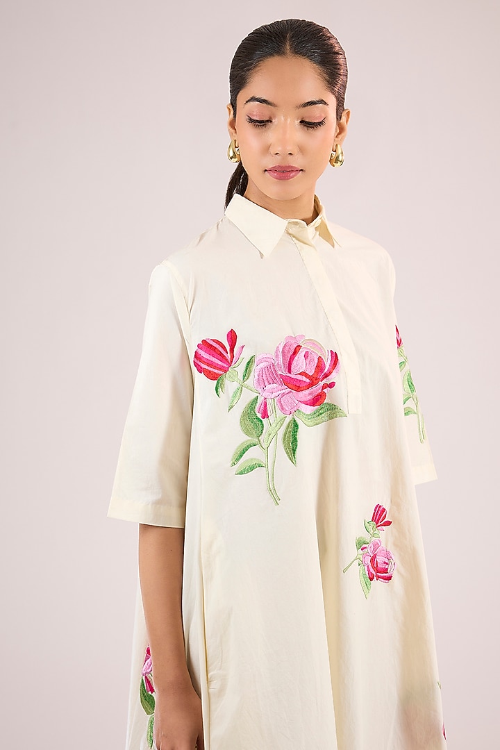 Ivory Cotton Floral Mini Vacation Dress by Vineet Rahul at Pernia's Pop Up Shop