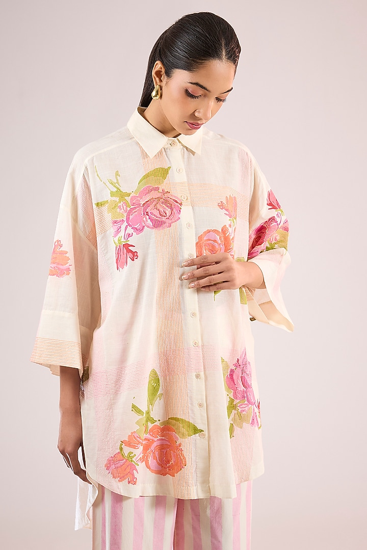 Ivory Cotton Floral Shirt by Vineet Rahul at Pernia's Pop Up Shop