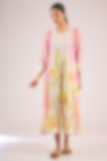 Ivory Chanderi Floral Midi Vacation Dress by Vineet Rahul at Pernia's Pop Up Shop