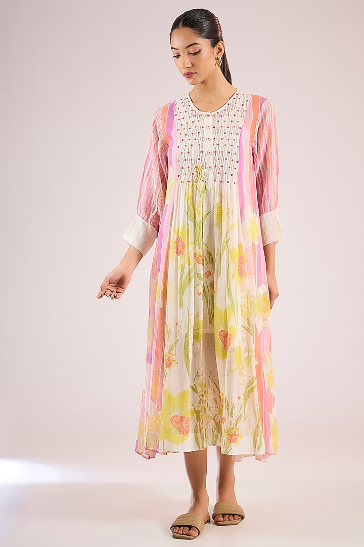 Ivory Chanderi Floral Midi Vacation Dress by Vineet Rahul at Pernia's Pop Up Shop