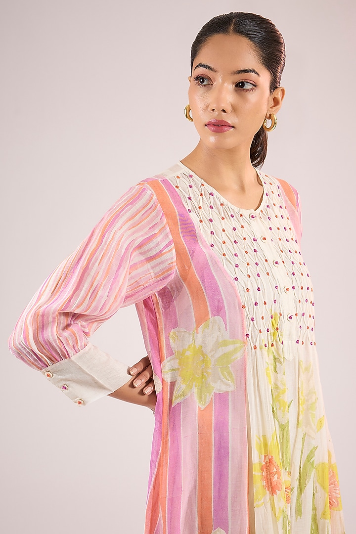 Ivory Chanderi Floral Midi Vacation Dress by Vineet Rahul at Pernia's Pop Up Shop