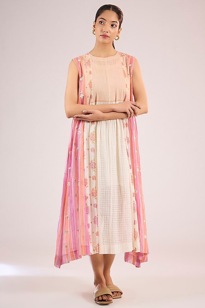 Ivory Chanderi Floral Midi Vacation Dress by Vineet Rahul at Pernia's Pop Up Shop