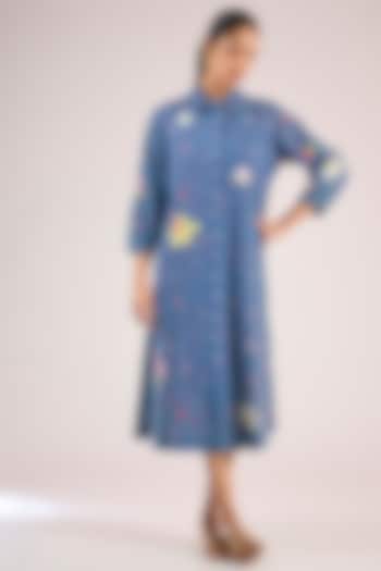 Blue Cotton Floral Midi Vacation Dress by Vineet Rahul at Pernia's Pop Up Shop